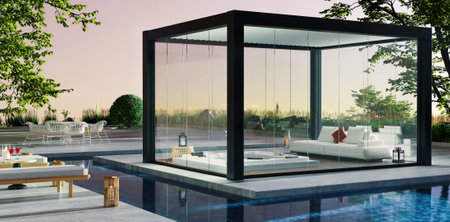 3D illustration of a bioclimatic pergola on a private outdoor terrace. Side view of black iron framed pergola with glass blades, bathtub and sofa. Surrounded by swimming pool and vegetation.の写真素材