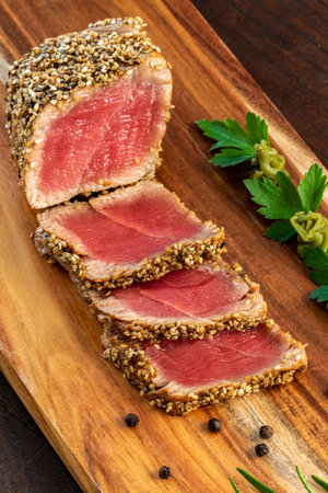 Close up of appetizing sesame crusted tuna tataki. Medium rare Yellowfin tuna slices on wooden board with wasabi.の写真素材