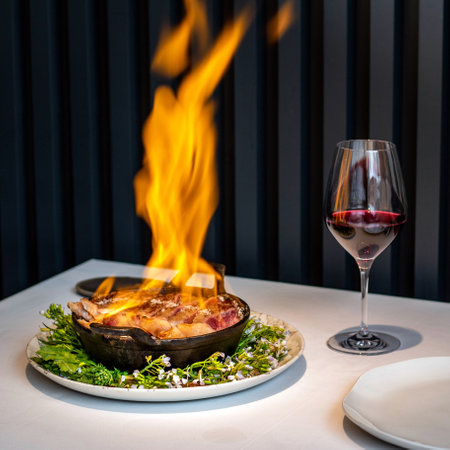 Close up wagyu fillet steak flambÃ© at dinner table. Sliced fillet with huge flame on meat.の写真素材