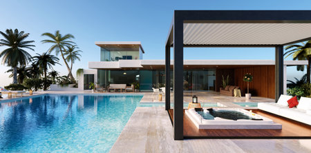 3d render Front view of modern luxury villa with swimming pool. Bioclimatic pergola with whirlpool on wooden sundeck.の写真素材
