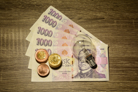 European bulb placed on Czech money. Modern energy saving. The concept of electricity saving. The...