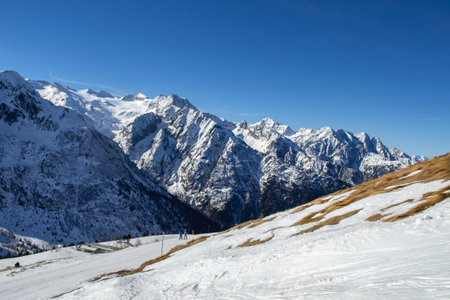 Snowy mountains in the Alps. View of the Ponte di Legno, Italy.の写真素材