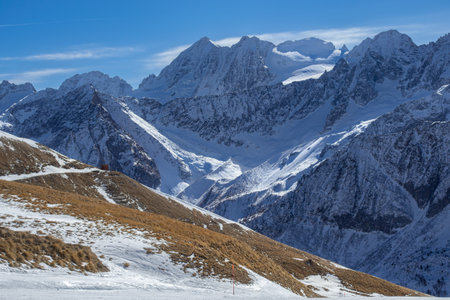 Snowy mountains in the Alps. View of the Ponte di Legno, Italy.の写真素材