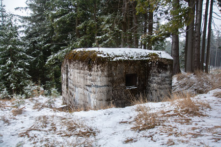 Winter scenery with an abandoned concrete bunker in forest. Velka Destna, Czech republicの写真素材