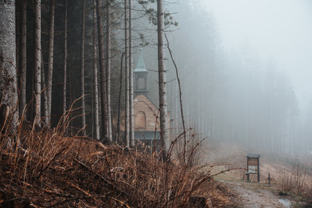 Foggy forest with an old chapel. Destne v Orlickych horach, Czech republic.の写真素材