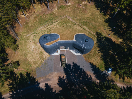 Spring drone view of abandoned former bunker in the forest. Eagle Mountains, Czech Republic.の写真素材