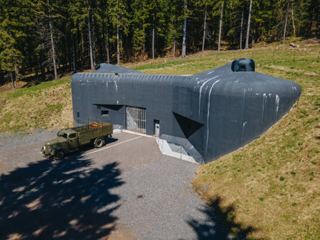 Spring drone view of abandoned former bunker in the forest. Eagle Mountains, Czech Republic.のeditorial素材