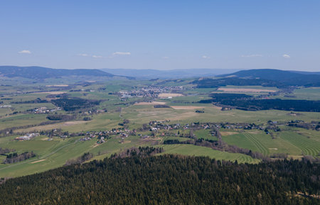 Spring mountains with meadows and forests in Orlicke hory, Czech republic.の写真素材