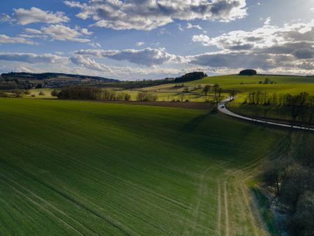 Beautiful spring view of green meadows, path and blue sky with clouds. Czechiaの写真素材