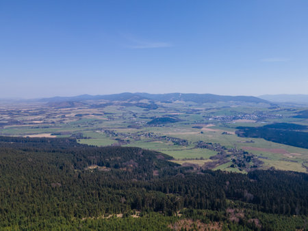 Spring mountains with meadows and forests in Orlicke hory, Czech republic.の写真素材