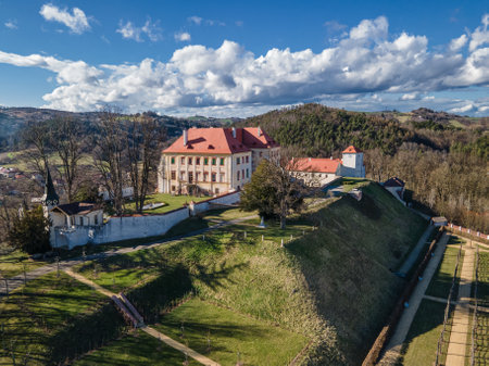 Spring scenery of nature with an old baroque castle Kunstat. Moravia, Czech Republic.のeditorial素材