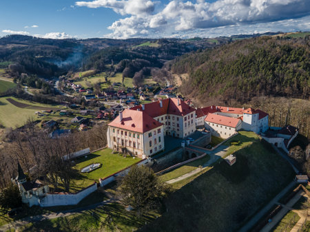 Beautiful landscape with chateau Kunstat on the hill with city. Moravia, Czech Republic.のeditorial素材