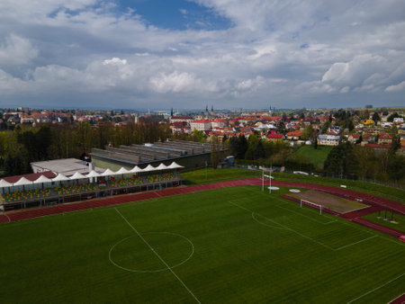 Beautiful cityscape by drone of city Litomysl with football ground, Czechiaのeditorial素材