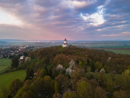 Beautiful drone view of chateau Humprecht during sunrise, Czech republicの写真素材