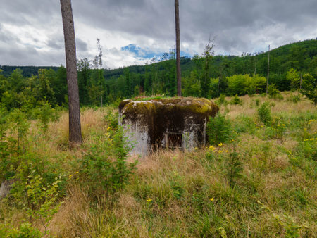 Bunker in plain with trees and peaks. Cloudy day. Czechia.の写真素材