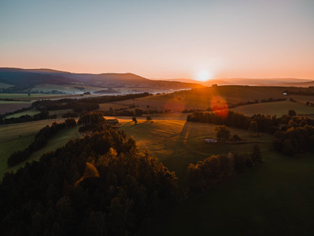 Beautiful landscape with sunrise in Czech mountains. Orlic mountains.の写真素材