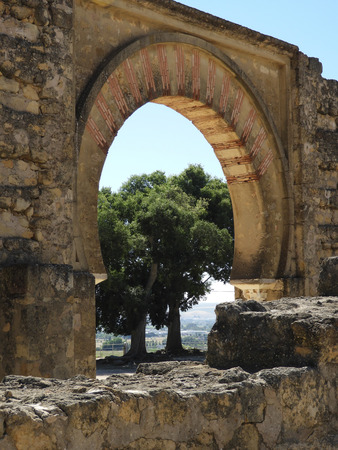 Tree and arch against a backdrop of the countryside at Madinat Al Zahra (Madina Azahara) ancient moorish palace ruins on the outskirt of Cordoba, Spain