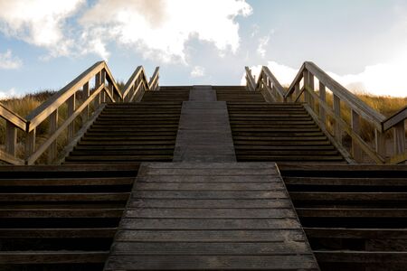 Looking up a bridge towards blue skyの写真素材