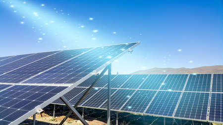 solar panels installed on the ground, sunlight falls on it, environmentally friendly renewable...