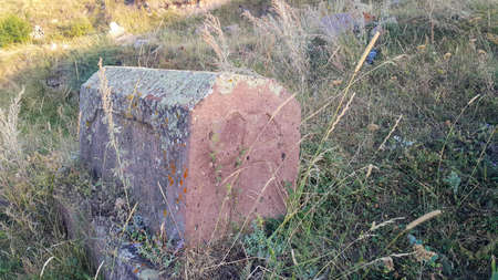 Ancient Armenian cemetery. Christian Grave of 1800 Burial place. Carved tombstone. Very old threaded stones. Memorial to the memory of the old world. Historical memory.の写真素材