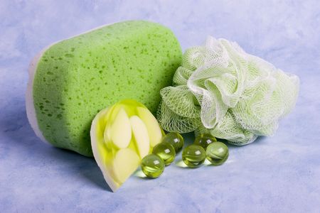 Spa beauty kit - sponge,soup and bath gel bubblesの写真素材