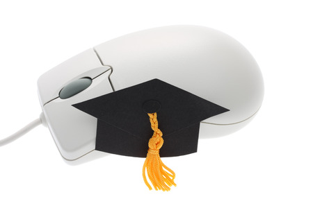 A black graduation cap with a mouse on an isolated backgroundの写真素材