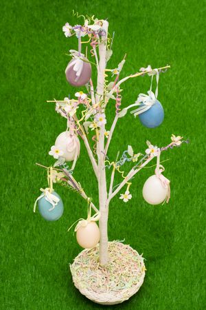 Easter tree with color eggs hanging from branches