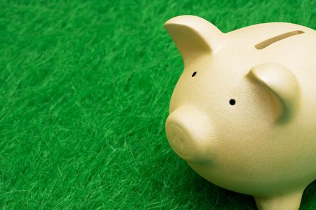 Coin bank sitting on grass with copy spaceの写真素材