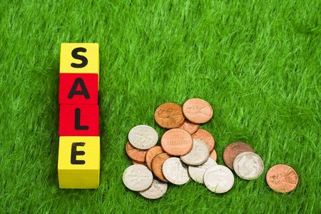 Alphabet blocks spelling sale with coins with copy space