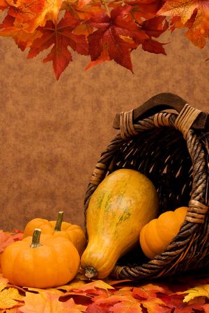 Fall leaves with pumpkins and gourds in basket on brown background, fall harvest frameの写真素材