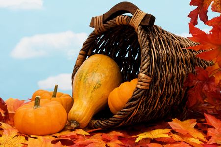 Fall leaves with pumpkins and gourds in basket on sky background, fall harvest frameの写真素材