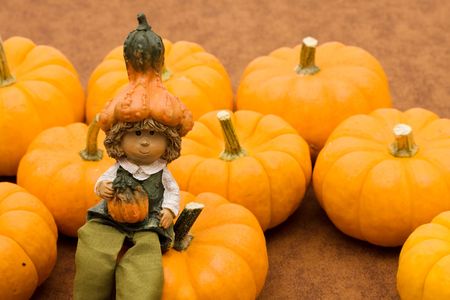 Lots of pumpkins sitting together with a boy sitting on one, pumpkin patchの写真素材