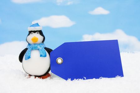 Penguin sitting on snow with blank gift tag on a sky background, Penguinの写真素材
