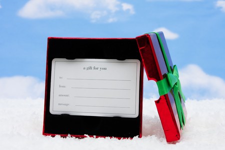 Gift card sitting on snow with sky background, gift card