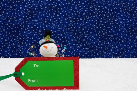 Stuffed snowman sitting with a blank card on a star background, Snowman の写真素材