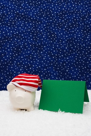 Piggy bank with blank card sitting on snow with star background, Christmas savingsの写真素材