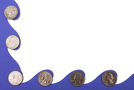 American currency quarters  sitting on a blue wave and white background, coin borderの写真素材