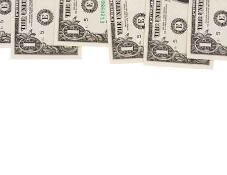 One dollar bills sitting on a white background, dollar bill border