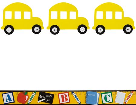 A yellow school bus with a ruler making a border isolated on a white background, School days