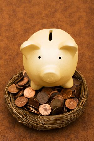 Piggy bank with a bowl of pennies on a brown textured background, seeing your savingsの写真素材