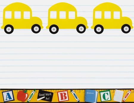 A yellow school bus with a ruler making a border isolated on a lined paper background, School days