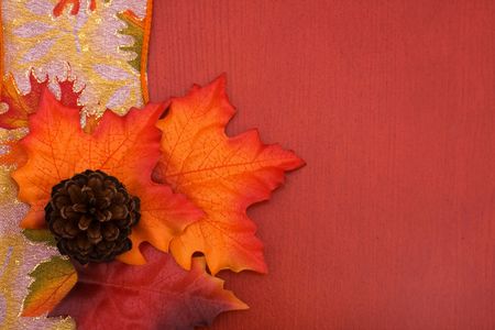 Fall coloured leaves making a border on a wooden background, Fall Leavesの写真素材