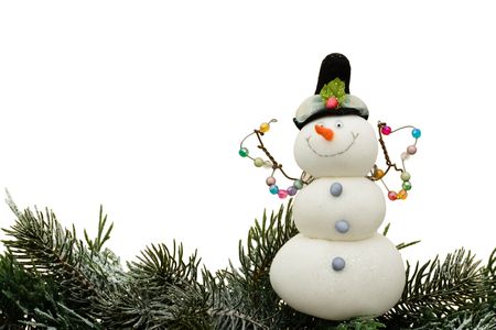 A snowman ornament sitting on a tree branch on a white background, snowmanの写真素材