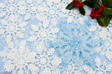 Blue and white snowflakes with holly berryの写真素材