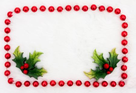 Holly and berries with a beaded border on a white backgroundの写真素材