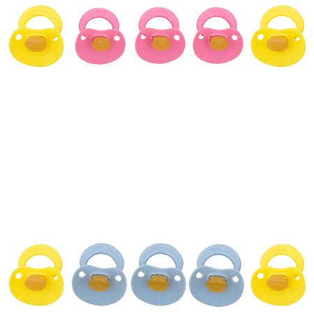 Baby pacifiers making a border isolated on a white background, pacifier border