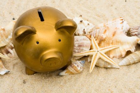 Lots seashells sitting with a gold piggy bank in the sand, vacation savingsの写真素材