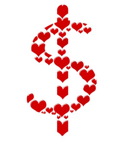 Red hearts making a dollar symbol on a white background, Loving moneyの写真素材