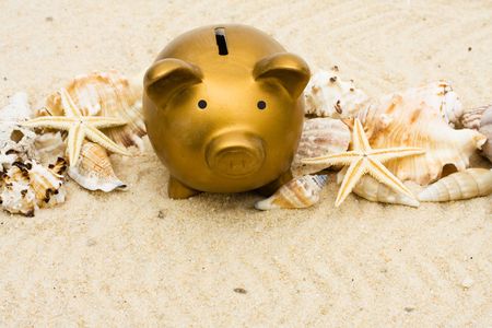 Lots seashells sitting with a gold piggy bank in the sand, vacation savingsの写真素材