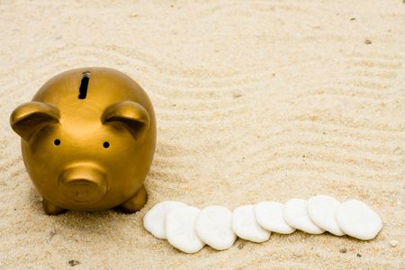 Lots of sand dollars sitting with a gold piggy bank in the sand, Saving for your vacation の写真素材